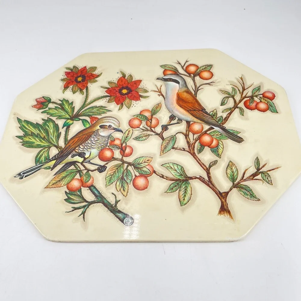 Vtg Octagon Wall Plaque x3 Birds Floral Chinoiserie Asian Decor Metal Laminate